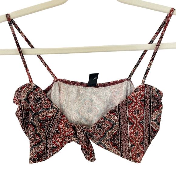 Windsor L Maroon Boho Paisley Floral Tie Knot Front Spaghetti Strap Crop Top - Picture 2 of 6